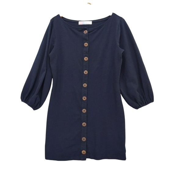 Free People Dresses & Skirts - Free People FP Beach Dress Womens Medium Navy Blue Button Front Balloon‎ Sleeve